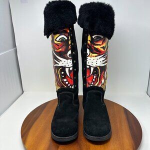 Ed Hardy Tall Faux Fur Boots Size 6 Black Tiger Painted Suede Studded